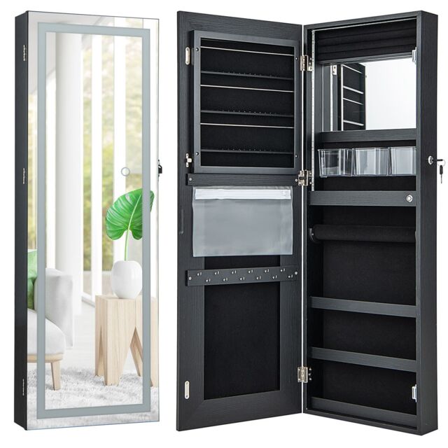 Costway 108cm Jewelry Mirror Cabinet Lockable Jewelry 3-Color LED Lights-Black in Black - image 1