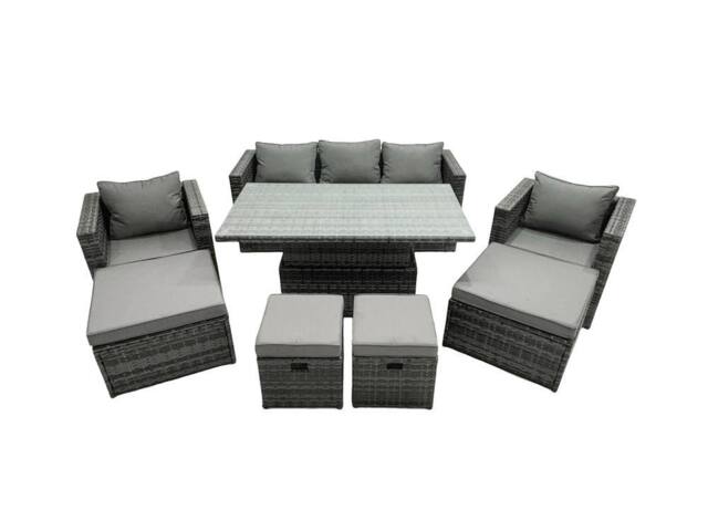Fimous Rattan Lounge Sofa Rising Dining Table Set & 4 Footstool in Dark Grey - image 1