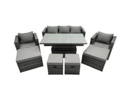 Fimous Rattan Lounge Sofa Rising Dining Table Set & 4 Footstool in Dark Grey - thumbnail 1