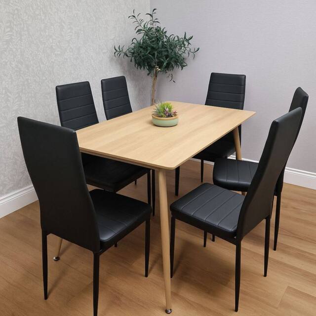 KOSY KOALA Dining Table Set with 6 Black Faux Leather Chairs - Size: 120 cm x 70 cm - image 1