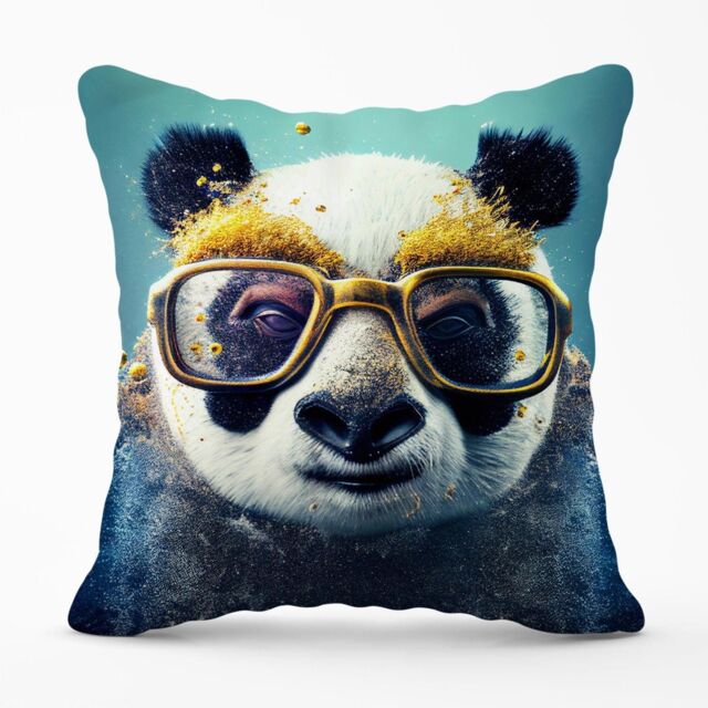 Warren Reed - Designer Panda With Golden Glasses Splashart Outdoor Cushion in Yellow - Size: 45 cm x 45 cm - image 1