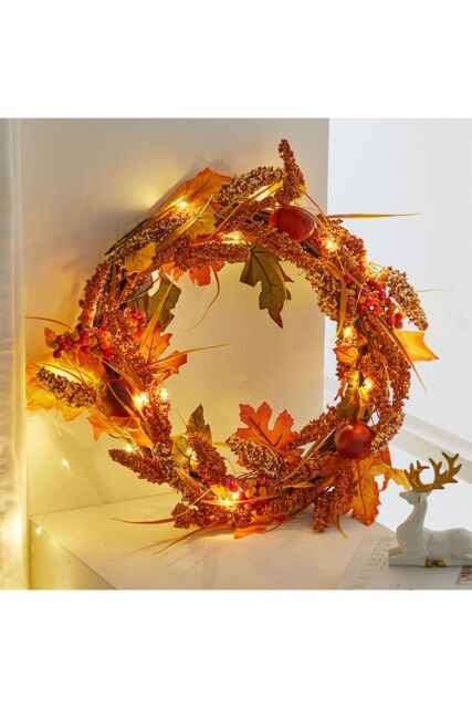 Living and Home Artificial Maple Leaf Acorn Harvest Wreath with LED Lights in Orange - image 1