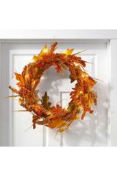 Living and Home Artificial Maple Leaf Acorn Harvest Wreath with LED Lights in Orange - thumbnail 2