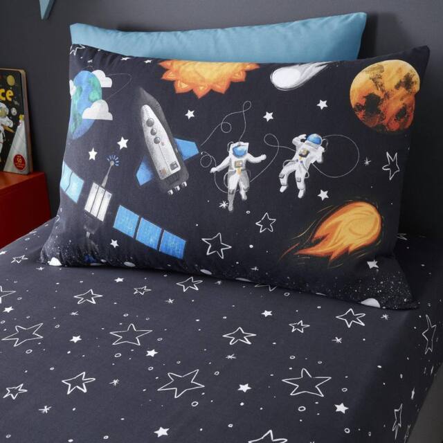 Happy Linen Company Kids Planets Space Rockets Glow In The Dark Navy Blue Pair Pillowcases - Size: Standard Pillow Case - image 1
