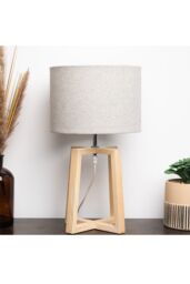 K LIVING Natural Wooden Table Lamp with Linen Look Shade Criss Cross Legs