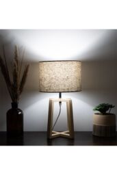 K LIVING Natural Wooden Table Lamp with Linen Look Shade Criss Cross Legs - thumbnail 2