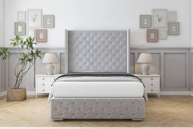 "Sloomy Arundel Plush Frame-Mattress - 50"" Upholstered Wingback Headboard in Silver - Size: King" - image 1