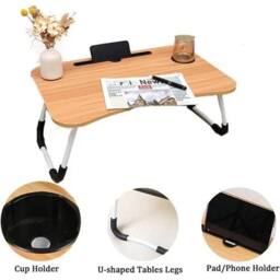 VOGREX Walnut Folding Laptop Bed Table Cup Holder Lap Standing Desk in Light Brown - thumbnail 3