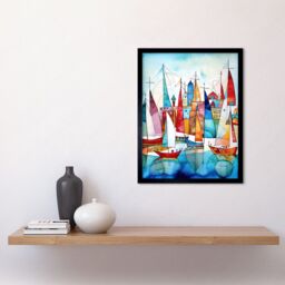 "Artery8 Wall Art Print Harbour Boats Abstract Folk Art Watercolour Painting Art Framed in Black - Size: W12"" x H16""" - thumbnail 2
