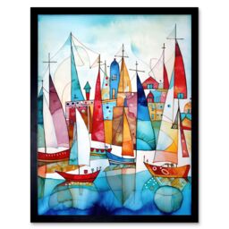 "Artery8 Wall Art Print Harbour Boats Abstract Folk Art Watercolour Painting Art Framed in Black - Size: W12"" x H16""" - thumbnail 1