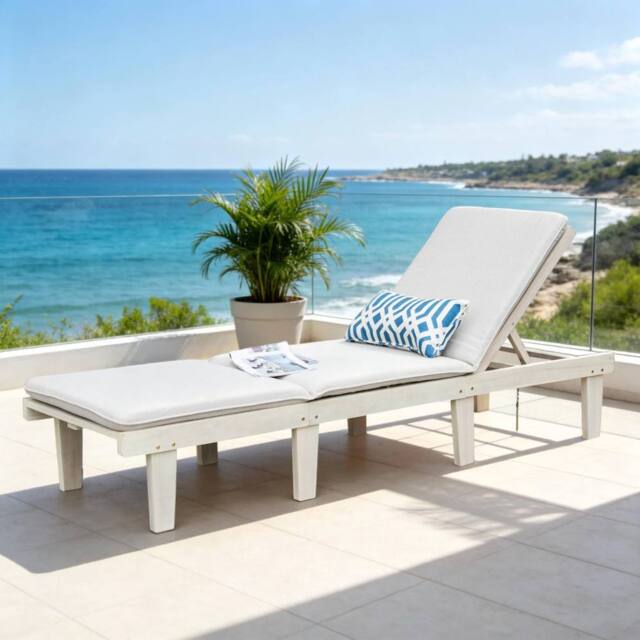 Direct Wicker 5‑Position Adjustable Acacia Wood Lounge with Cushions in Cream - Size: 1 Pack - image 1