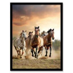 "Artery8 Wild Horses Galloping Open Field Sunset Clouds Framed Art Print in Brown - Size: W12"" x H16""" - thumbnail 1