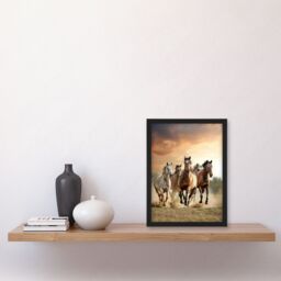 "Artery8 Wild Horses Galloping Open Field Sunset Clouds Framed Art Print in Brown - Size: W12"" x H16""" - thumbnail 4