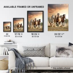 "Artery8 Wild Horses Galloping Open Field Sunset Clouds Framed Art Print in Brown - Size: W12"" x H16""" - thumbnail 3