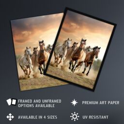 "Artery8 Wild Horses Galloping Open Field Sunset Clouds Framed Art Print in Brown - Size: W12"" x H16""" - thumbnail 2