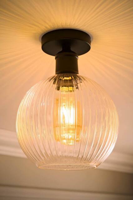 ValueLights Maddison Clear Rib Glass Globe Flush Ceiling Light with Filament Bulb in Black - image 1