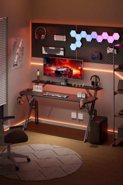 Living and Home 140*60*80cm Office Gaming Desk with LED Lights & Monitor Stand in Black - image 1