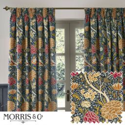 Morris & Co Cray Floral Velvet Room Darkening Pencil Pleat Curtains in Indigo - Size: 117 cm width x 137 cm drop - thumbnail 1