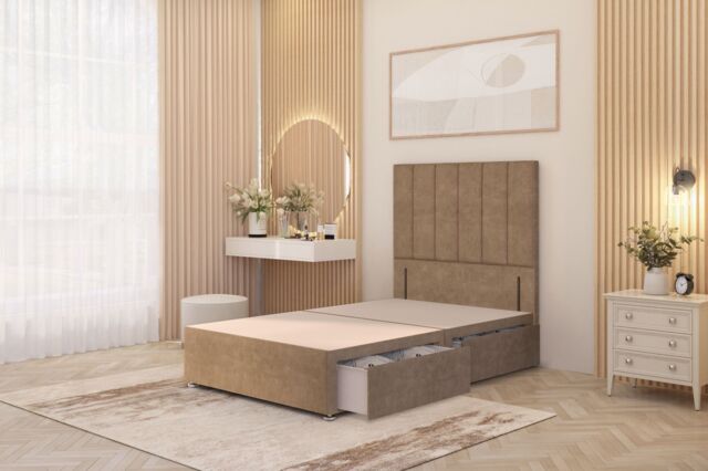 "Somnior Austin 2 Drawer Divan Bed Base & 54"" Floor Standing Headboard Velvet in Beige - Size: Double" - image 1