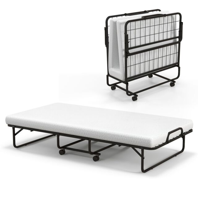 Costway Folding Bed Rollaway Guest Bed Fold up Sleeper Bed W/ 10cm Memory Foam Mattress & 4 Universal Wheels in White - image 1