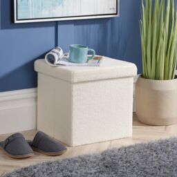 Home Source Folding Ottoman Cream Boucle Teddy Bear Fabric Chest Solid Storage Box