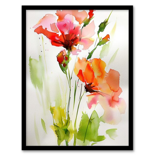 "Artery8 Abstract Flowers Red Green Watercolour Painting Framed Wall Art - Size: W12"" x H16""" - image 1