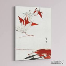 "Artery8 Bird Origami Crane Kachoga Canvas Wall Art Print Watanabe Seitei in Red - Size: W18"" x H24""" - thumbnail 2