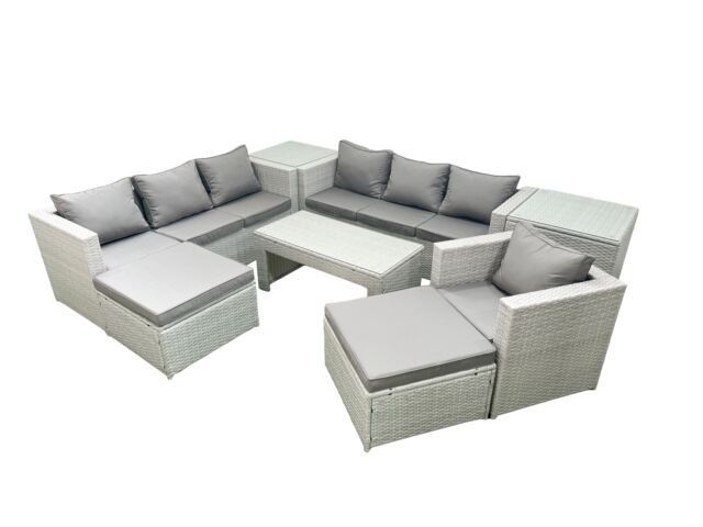 Fimous Wicker PE Rattan Sofa Garden Furniture Set with Oblong Coffee Table Armchair 2 Big Footstools 2 Side Tables Light Grey Mixed - image 1