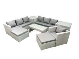 Fimous Wicker PE Rattan Sofa Garden Furniture Set with Oblong Coffee Table Armchair 2 Big Footstools 2 Side Tables Light Grey Mixed - thumbnail 1