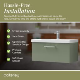 Balterley Bathroom Wall Hung 2 Soft Close Drawer Vanity Unit, Satin Green, 610mm in Green - thumbnail 4