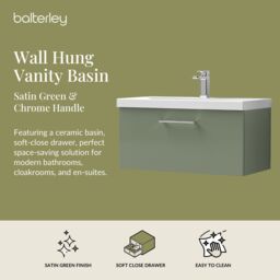 Balterley Bathroom Wall Hung 2 Soft Close Drawer Vanity Unit, Satin Green, 610mm in Green - thumbnail 2