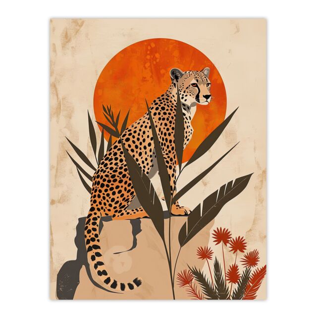 "Artery8 Wall Art Print Cheetah Perched on Rock Boho Sunset Sun Plants Poster in Beige - Size: W12"" x H16""" - image 1