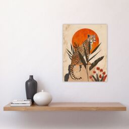 "Artery8 Wall Art Print Cheetah Perched on Rock Boho Sunset Sun Plants Poster in Beige - Size: W12"" x H16""" - thumbnail 4