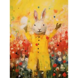 "Artery8 Wall Art Print Rabbit in a Yellow Rain Mac Oil Painting Bright Floral Meadow Kids Bedroom Nursery Poster - Size: W18"" x H24""" - thumbnail 1