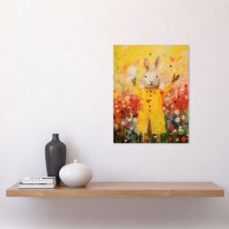 "Artery8 Wall Art Print Rabbit in a Yellow Rain Mac Oil Painting Bright Floral Meadow Kids Bedroom Nursery Poster - Size: W18"" x H24""" - thumbnail 2