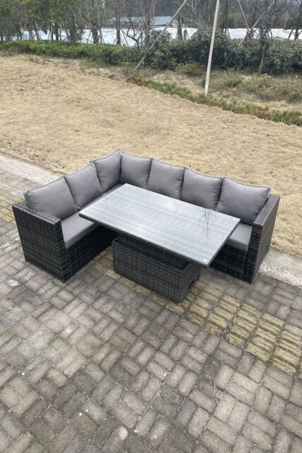 Fimous 6 Seater PE Rattan Corner Sofa Set Rising Adjustable Dining Table Seat & Back Cushion in Dark Grey - image 1