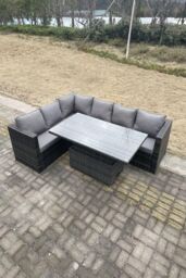 Fimous 6 Seater PE Rattan Corner Sofa Set Rising Adjustable Dining Table Seat & Back Cushion in Dark Grey - thumbnail 1