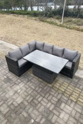 Fimous 6 Seater PE Rattan Corner Sofa Set Rising Adjustable Dining Table Seat & Back Cushion in Dark Grey - thumbnail 2