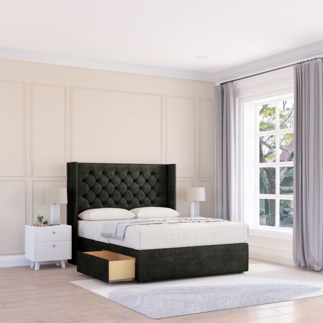 "Sloomy Dior Dumfries Wingback Bed Set, 2 Drawers & 54"" Floor Standing Headboard in Black - Size: King" - image 1