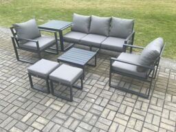 Fimous Aluminium 7 Seater Outdoor Lounge Sofa Set Garden Furniture Sets with Square Coffee Table 2 Chairs 2 Small Footstools Side Table Dark Grey - thumbnail 1