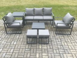 Fimous Aluminium 7 Seater Outdoor Lounge Sofa Set Garden Furniture Sets with Square Coffee Table 2 Chairs 2 Small Footstools Side Table Dark Grey - thumbnail 2