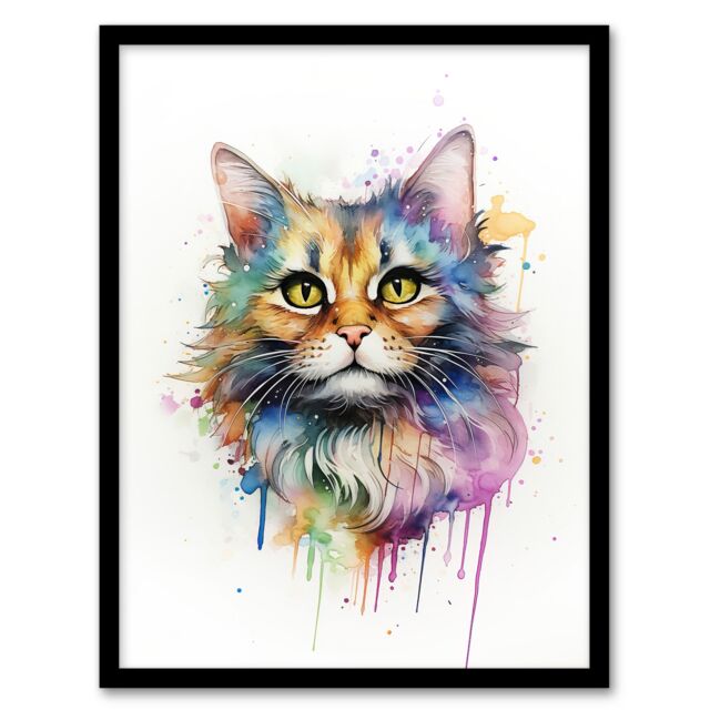 "Artery8 Wall Art Print Floofster Fluffy Cat Lovers Gift Watercolour Pet Portrait Painting Artwork Art Framed - Size: W12"" x H16""" - image 1