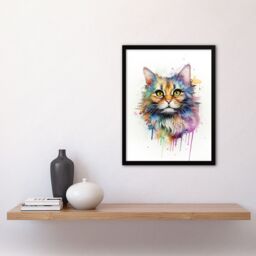 "Artery8 Wall Art Print Floofster Fluffy Cat Lovers Gift Watercolour Pet Portrait Painting Artwork Art Framed - Size: W12"" x H16""" - thumbnail 4