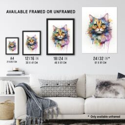"Artery8 Wall Art Print Floofster Fluffy Cat Lovers Gift Watercolour Pet Portrait Painting Artwork Art Framed - Size: W12"" x H16""" - thumbnail 3