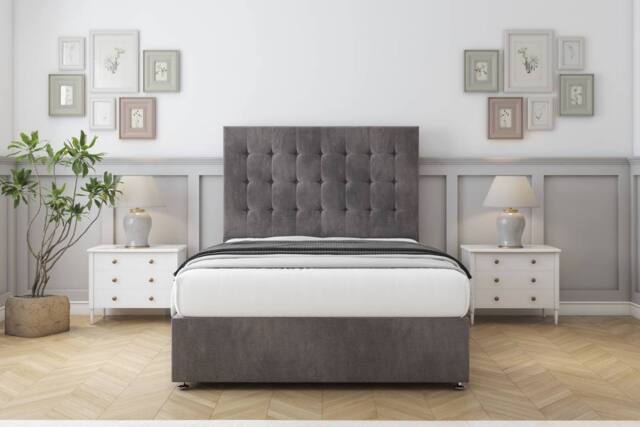 "Sloomy Alabama Naples Divan Bed Base No Drawers With 26"" Strutted Headboard in Grey - Size: Small Single" - image 1