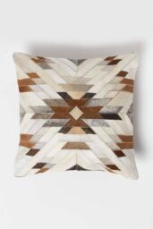 Homescapes Geometric Star Leather Cushion 45 x 45 cm in Brown - Size: 45 cm x 45 cm