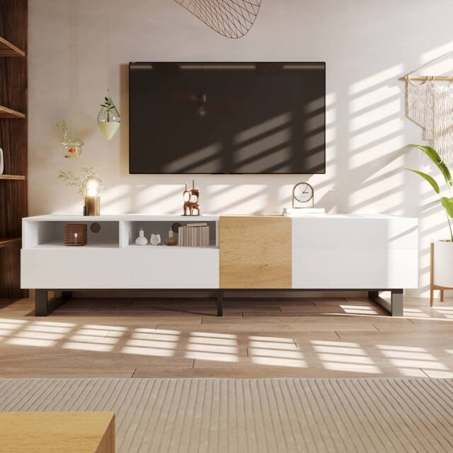Matteo Modern White & Wood Look TV Cabinet with Storage & Metal Feet - 180cm - image 1