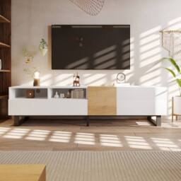 Matteo Modern White & Wood Look TV Cabinet with Storage & Metal Feet - 180cm - thumbnail 1