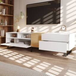 Matteo Modern White & Wood Look TV Cabinet with Storage & Metal Feet - 180cm - thumbnail 2