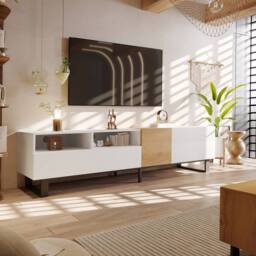 Matteo Modern White & Wood Look TV Cabinet with Storage & Metal Feet - 180cm - thumbnail 8